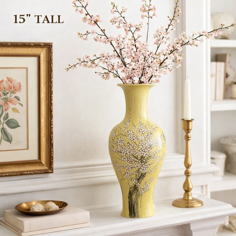 Yellow Chinese Porcelain Vase Floral Cherry Blossom Asian Decor 15"